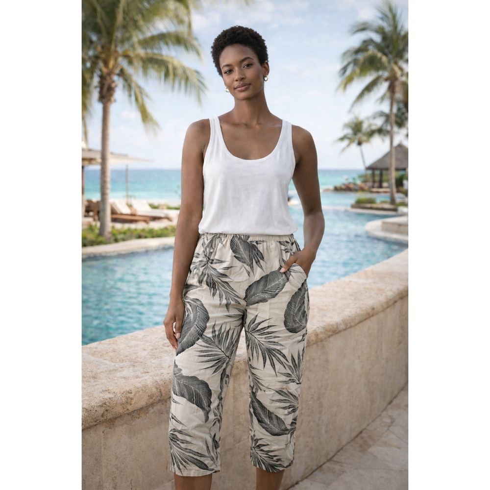 Tahari‎ Linen Tropical Leaf Print Wide Leg Cropped Pants Women's Size L